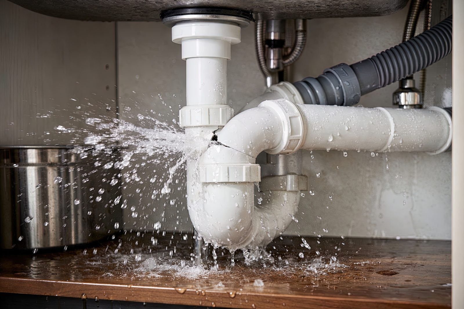 Leaking pipe under sink with water spraying from joint onto wooden surface